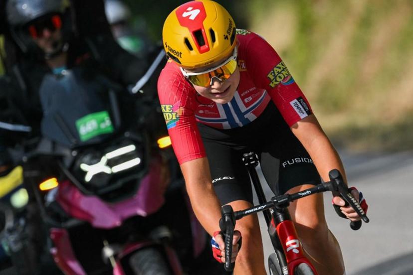 Uno-X Mobility's Norwegian rider Sigrid Ytterhus Haugset leads during the 3rd (out of 9) stage of the fifth edition of the Women's Tour de France cycling race, 156.5 km from Geneva to Poligny, in Poligny, central-eastern France on August 3, 2026.  NICOLAS TUCAT / AFP