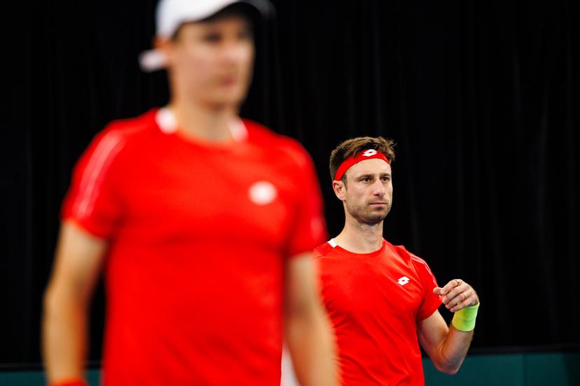 Belgian Sander Gille pictured in action duringa a tennis match between Belgian Vliegen/Gille and Australian Hijikata/Thompson, during the qualifier of the Davis Cup, Sunday 14 September 2025, in Sydney, Australia. Belgium and Australia will compete this weekend in the second round of the Davis Cup qualifiers. BELGA PHOTO PATRICK HAMILTON