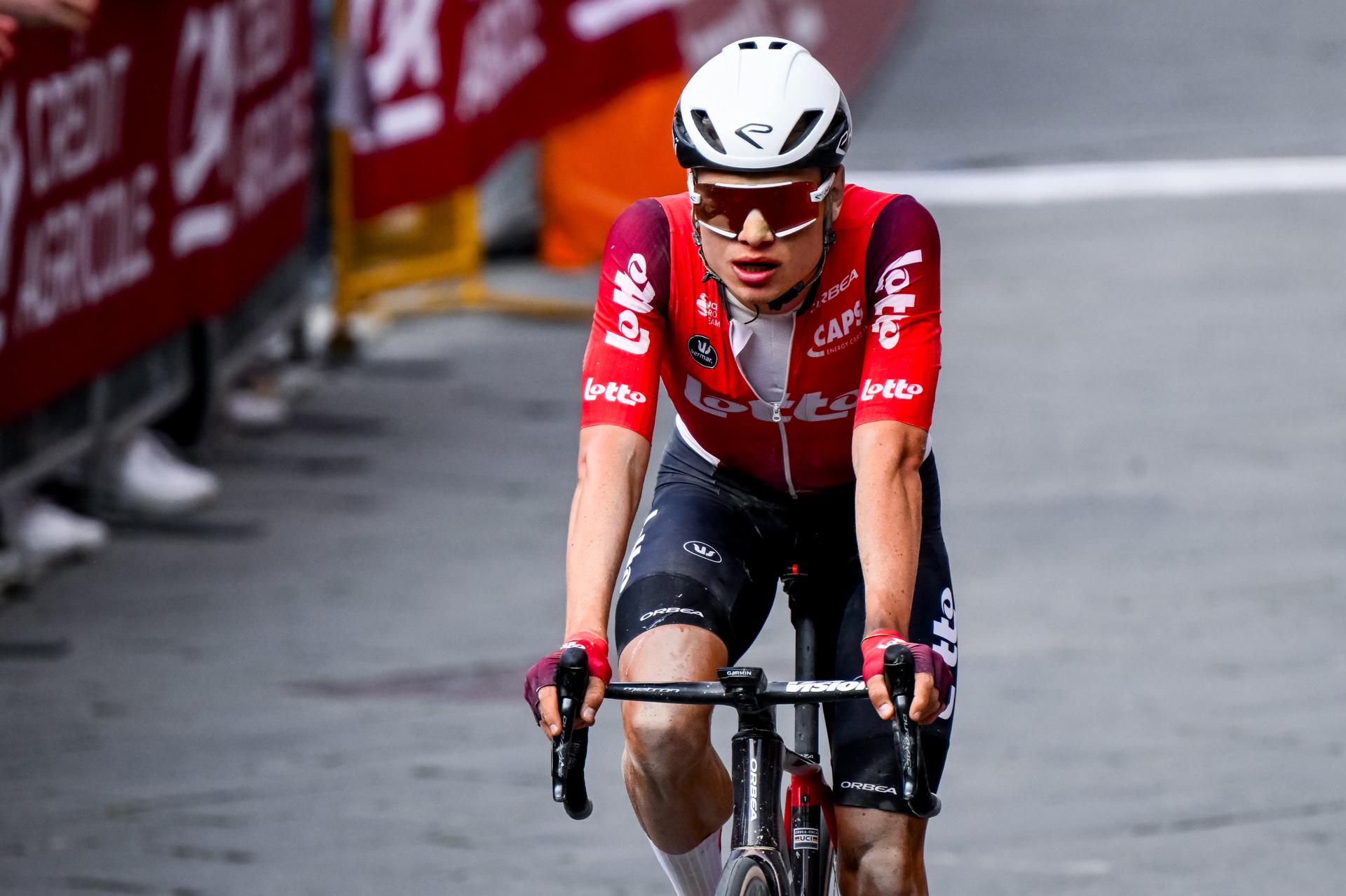 Belgian Lennert Van Eetvelt of Lotto Cycling Team pictured in action during the men elite 'Strade Bianche' one day cycling race, 213km from and to Siena, Italy on Saturday 08 March 2025. BELGA PHOTO DIRK WAEM