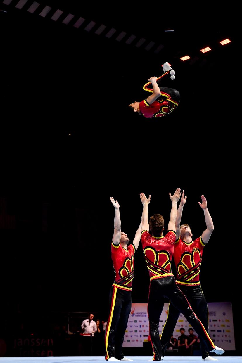 The Belgian Men's group with Noam Patel Raj, Bram Geusens, Jonas Anthoon, Hannes Garre pictured in action during the second day of the 26th edition of the world championships acrobatic gymnastics in Antwerp, Saturday 14 April 2018. BELGA PHOTO DIRK WAEM
