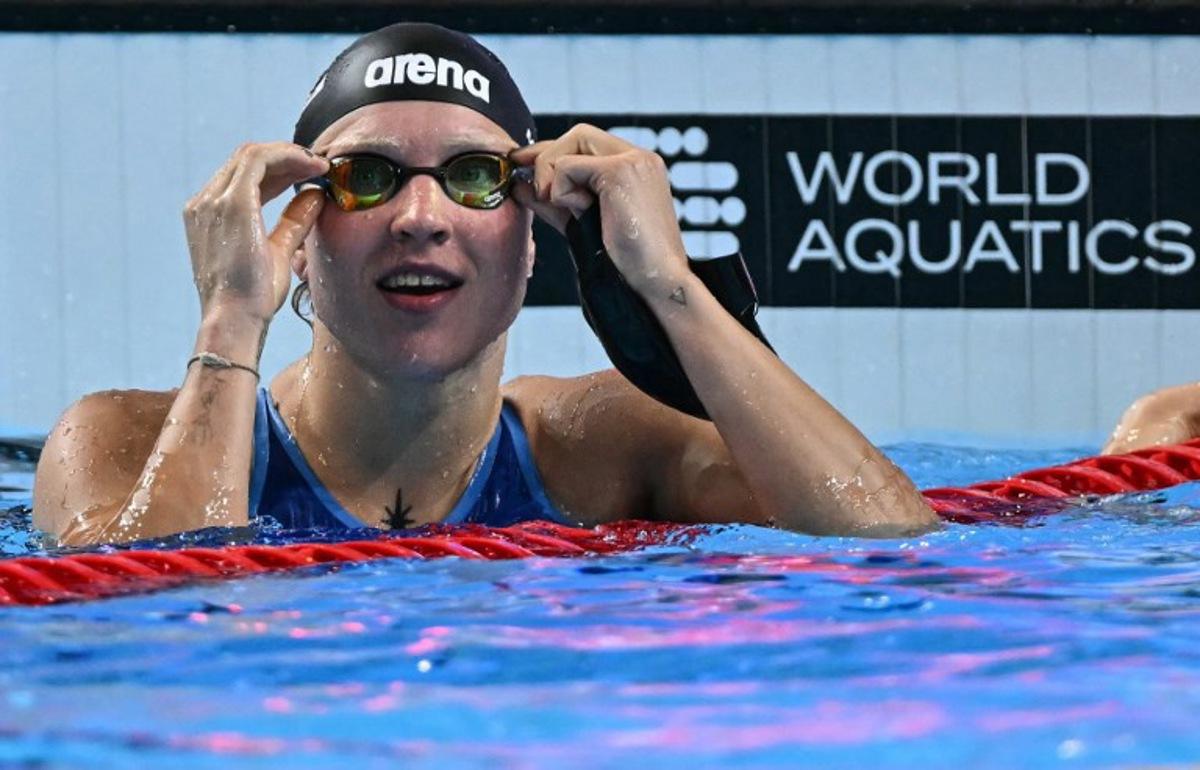 Lithuania's swimmer Ruta Meilutyte reacts after winning the women's 50m breaststroke swimming event during the 2025 World Aquatics Championships in Singapore on August 3, 2025.  Manan VATSYAYANA / AFP