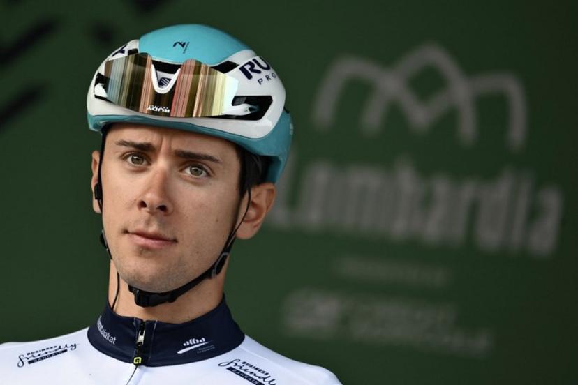 Bahrain Victorious's Italian riderAntonio Tiberi looks on from the sign-in podium ahead of the 119th edition of the Giro di Lombardia (Tour of Lombardy), a 238km cycling race from Como to Bergamo on October 11, 2025.  Marco BERTORELLO / AFP