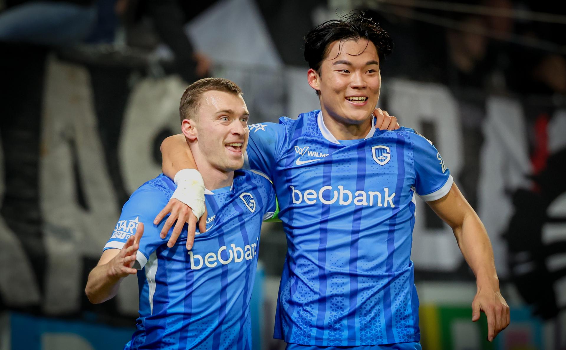 Genk's Bryan Heynen celebrates after scoring during a soccer match between Sporting Charleroi and KRC Genk, Friday 19 December 2025 in Charleroi, on day 19 of the 2025-2026 'Jupiler Pro League' first division of the Belgian championship. BELGA PHOTO VIRGINIE LEFOUR