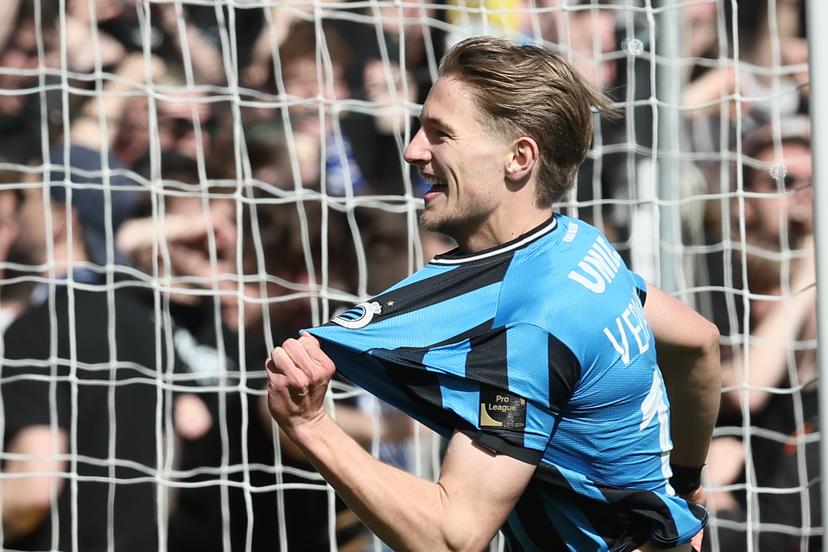 Club's Romeo Vermant celebrates after scoring during a soccer match between Club Brugge and RSC Anderlecht, Sunday 30 March 2025 in Brugge, on day 1 (out of 10) of the Champions' Play-offs of the 2024-2025 'Jupiler Pro League' first division of the Belgian championship. BELGA PHOTO BRUNO FAHY