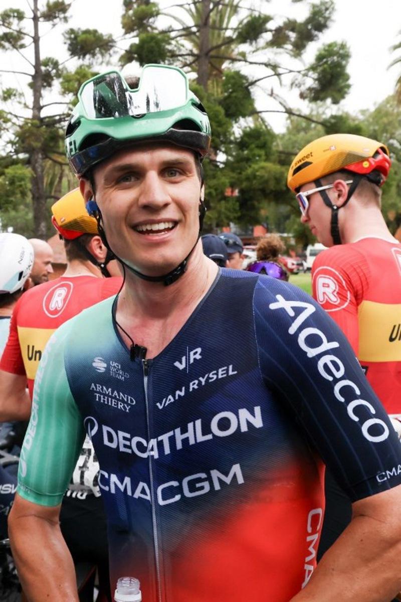 Decathlon CMA CGM Team Danish Tobias Lund Andresen celebrates after winning the 2026 Cadel Evans Great Ocean Men's Elite Road Race in Geelong on February 1, 2026.   CHRIS PUTNAM / AFP