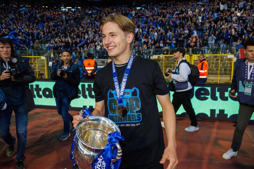 Club's Romeo Vermant celebrates after winning a soccer game between Club Brugge and RSC Anderlecht in Brussels, Sunday 04 May 2025, the final of the 'Croky Cup' Belgian soccer cup. BELGA PHOTO KURT DESPLENTER