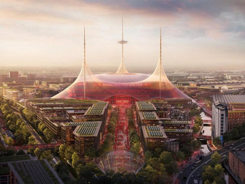 A handout image received from Manchester United on March 11, 2025, shows Foster + Partners' illustration of a proposed new 100,000-seat stadium, unveiled as part of the regeneration of the Old Trafford area. Manchester United on Tuesday announced plans to build a new 100,000-capacity stadium close to their historic Old Trafford home, with co-owner Jim Ratcliffe promising it would be the "world's greatest" football ground. The momentous decision by the Premier League club comes after an extensive consultation process on whether to develop their creaking current ground or move. Manchester United / AFP