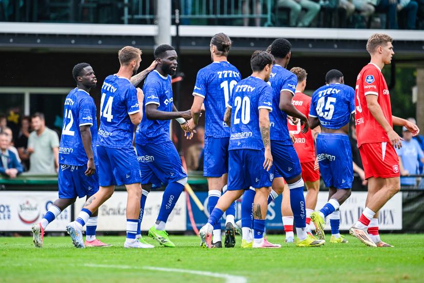 Gent's Wilfried Kanga and Gent's Christian Burgess celebrate after scoring during a friendly game between KAA Gent and Dutch FC Twente, at the summer training camp of Belgian first division soccer team KAA Gent in De Lutte, Losser, the Netherlands on Saturday 18 July 2026, to prepare for the upcoming 2026-2027 season. BELGA PHOTO TOM GOYVAERTS