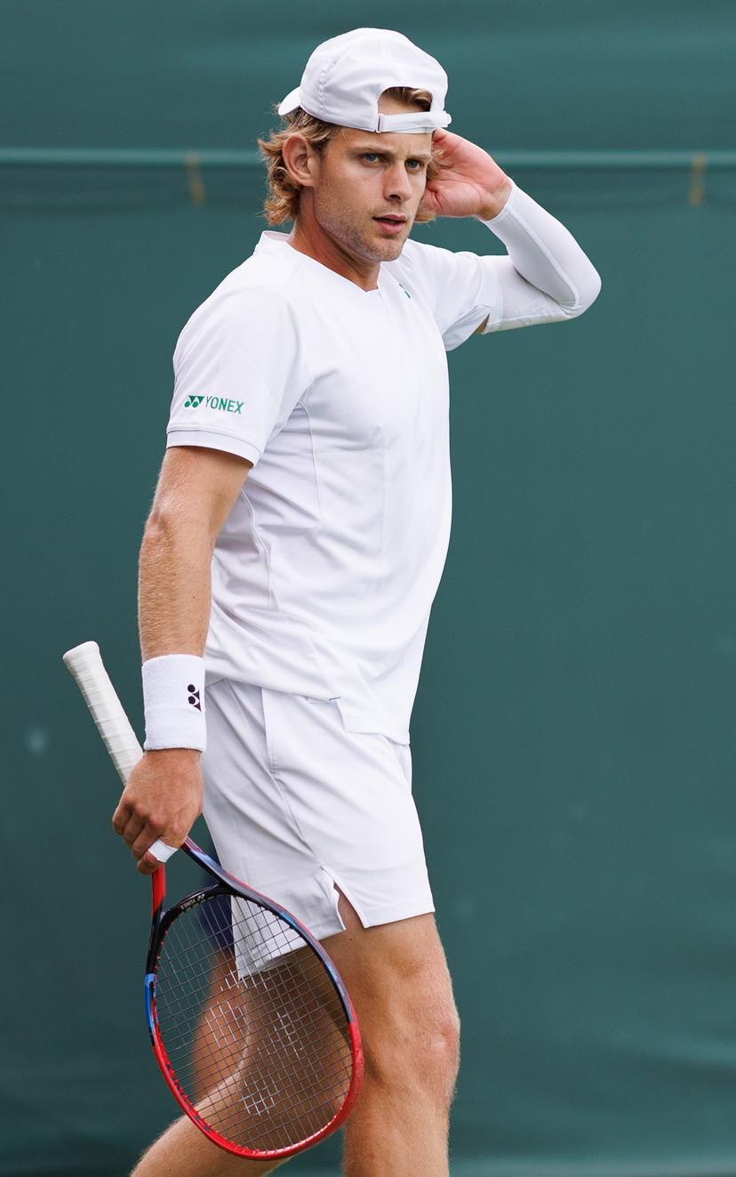 Belgian Zizou Bergs reacts during a doubles tennis match between French pair Doumbia-Reboul and Belgian-Canadian pair Bergs-Diallo, in the first round of the men's doubles at the 2025 Wimbledon grand slam tournament, Thursday 03 July 2025 at the All England Tennis Club, in South-West London, Britain. BELGA PHOTO BENOIT DOPPAGNE