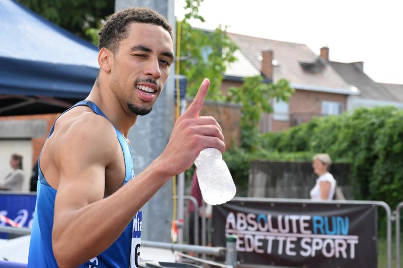 Belgian Daniel Segers celebrates as he crosses the finish line to win the Belgian athletics championships, Sunday 26 July 2026 in Kessel-Lo, Leuven. BELGA PHOTO JILL DELSAUX
