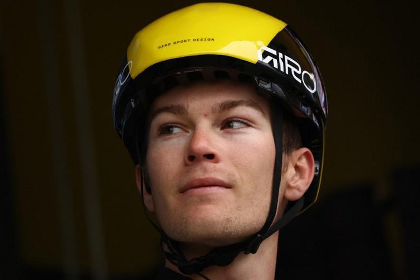 Team Visma-Lease a Bike's French rider Axel Zingle reacts prior to the start of the 5th stage of the Paris-Nice cycling race, 203,3 km between Saint-Just-en-Chevalet and La Côte-Saint-André, on March 13, 2025.  Anne-Christine POUJOULAT / AFP