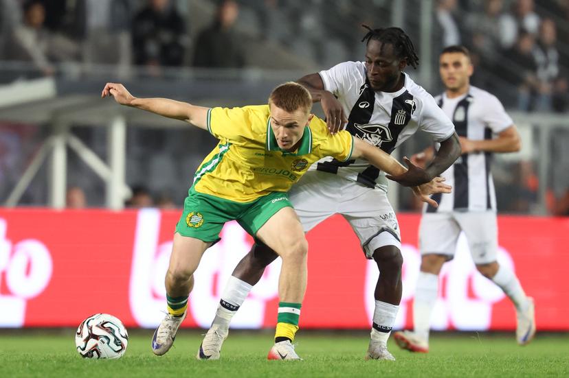 Hammarby's Jacob Ortmark and Charleroi's Parfait Guiagon fight for the ball during a soccer game between Belgian Sporting Charleroi and Swedish Hammarby Fotboll, on Thursday 31 July 2025 in Charleroi, the return leg of the 2nd qualifying round for the UEFA Conference League competition. The first leg resulted in a 0-0 draw. BELGA PHOTO VIRGINIE LEFOUR