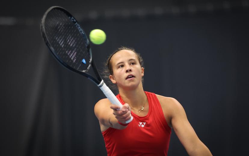 Belgian Hanne Vandewinkel pictured in action during a tennis match against Greek Grammatikopoulou, in the qualifiers of the Billie Jean King Cup tennis, in Vilnius, Lithuania on Tuesday 08 April 2025. PHOTO VIRGINIE LEFOUR