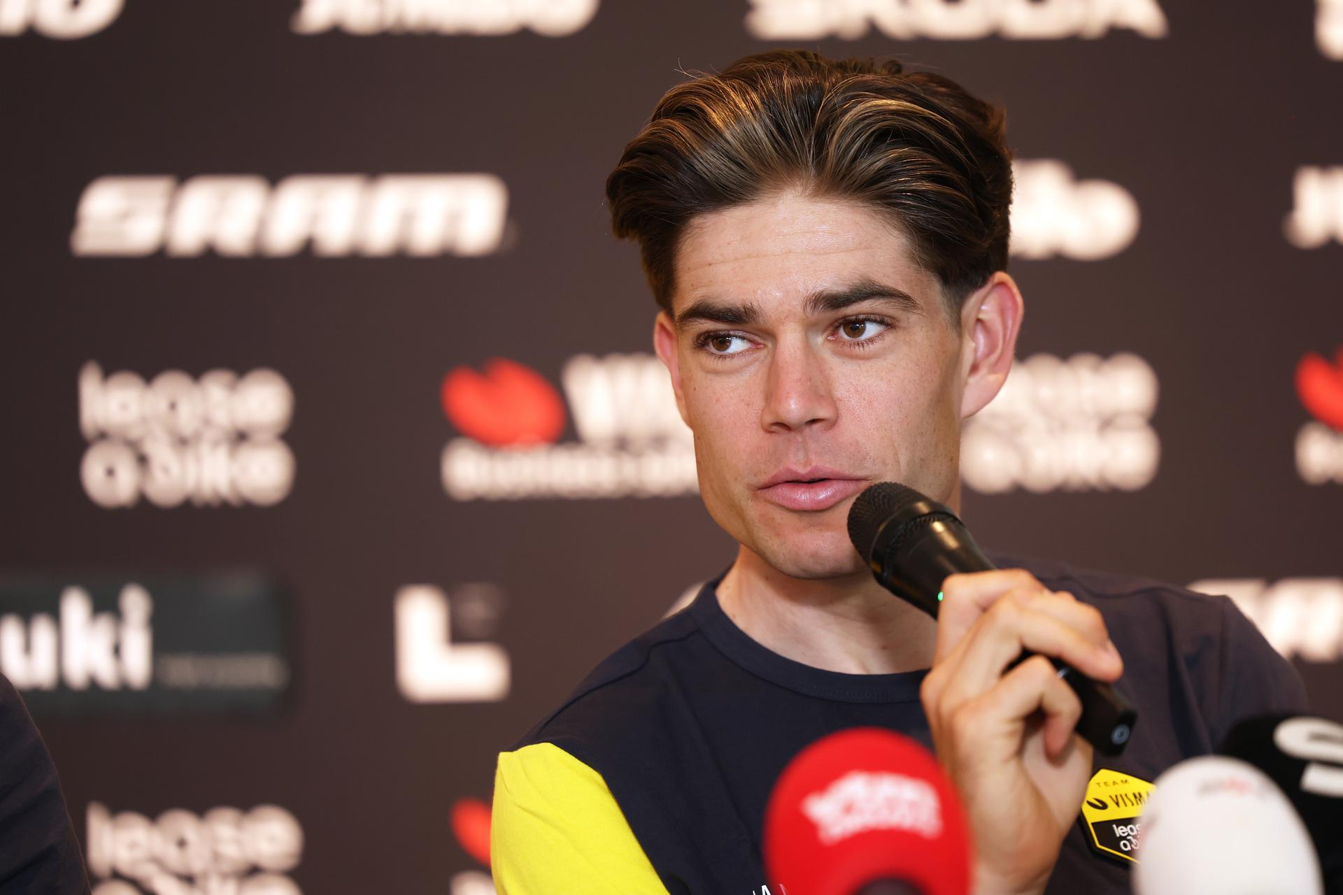 Wout van Aert pictured during a press conference of the Team Visma-Lease a Bike cycling team ahead of the Ronde van Vlaanderen / Tour des Flandres / Tour of Flanders cycling race, Friday 04 April 2025 in Deerlijk. The 109th edition of the cycling race will take place on Sunday 06 April.  BELGA PHOTO KURT DESPLENTER