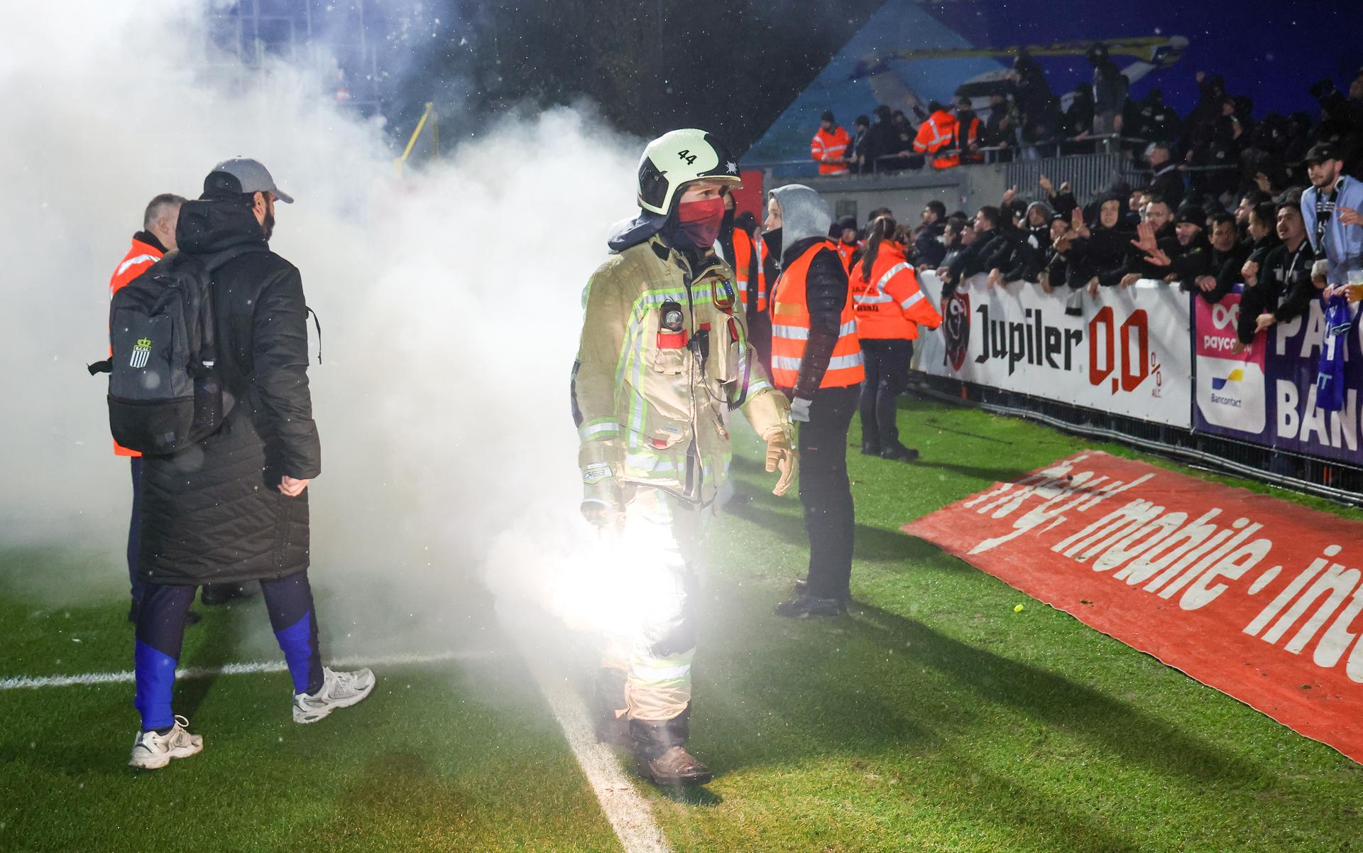 Fire fighters pictured after a soccer game between Royale Union Saint-Gilloise and Sporting Charleroi, the return game of the 1/2 final in the Croky Cup Belgian cup competition, Wednesday 11 February 2026 in Brussels. (1st leg: 0-0) BELGA PHOTO VIRGINIE LEFOUR