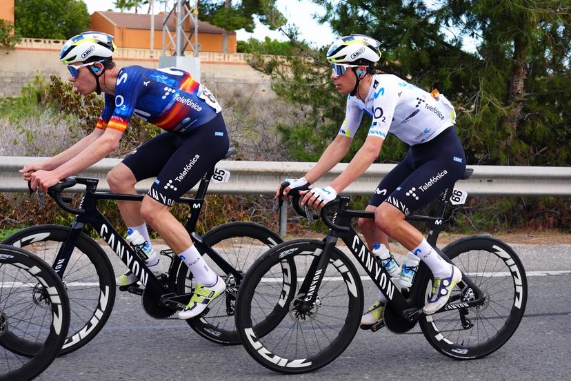 Spanish Ivan Romeo of Movistar Team and Belgian Cian Uijtdebroeks of Movistar Team pictured in action during stage 3 of the 2026 Volta Comunitat Valenciana, Tour of Valencia cycling race, a race from Orihuela to San Vicente del Raspeig (158,2 km), on Friday 06 February 2026 in Spain. The race takes place from 4 to 8 February and runs through the three provinces of the Valencian Community. BELGA PHOTO JOMA GARCIA