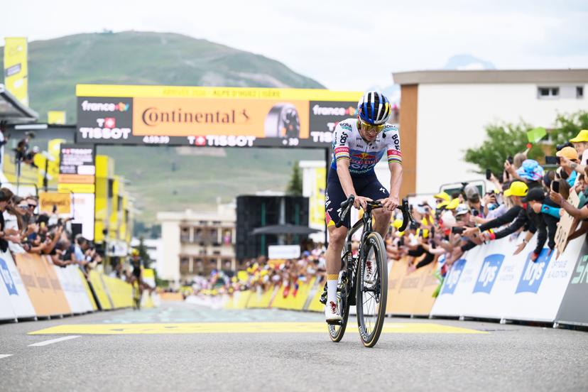 Belgian Remco Evenepoel of Red Bull-BORA-hansgrohe crosses the finish line of stage 20 of the 2026 Tour de France cycling race, a stage of 171km Le Bourg d'Oisans to Alpe d'Huez, on Saturday 25 July 2026. The 113th edition of the Tour de France starts on Saturday 4 July in Barcelona, Spain, and will finish in Paris, France on the 26th of July. BELGA PHOTO DAVID PINTENS