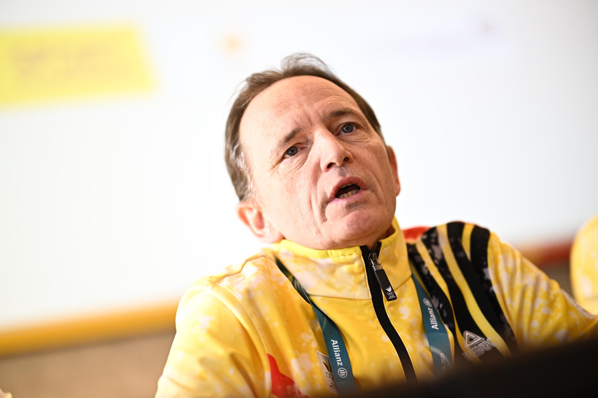 BOIC-COIB president Jean-Michel Saive pictured during a press conference of the BOIC-COIB Belgian Olympic Committee on the last day of the Milano Cortina 2026 Olympic Winter Games, on Sunday 22 February 2026 in Milan, Italy. The XXV Winter Olympics take place from 6 to 22 February 2026 in Italy. BELGA PHOTO JASPER JACOBS