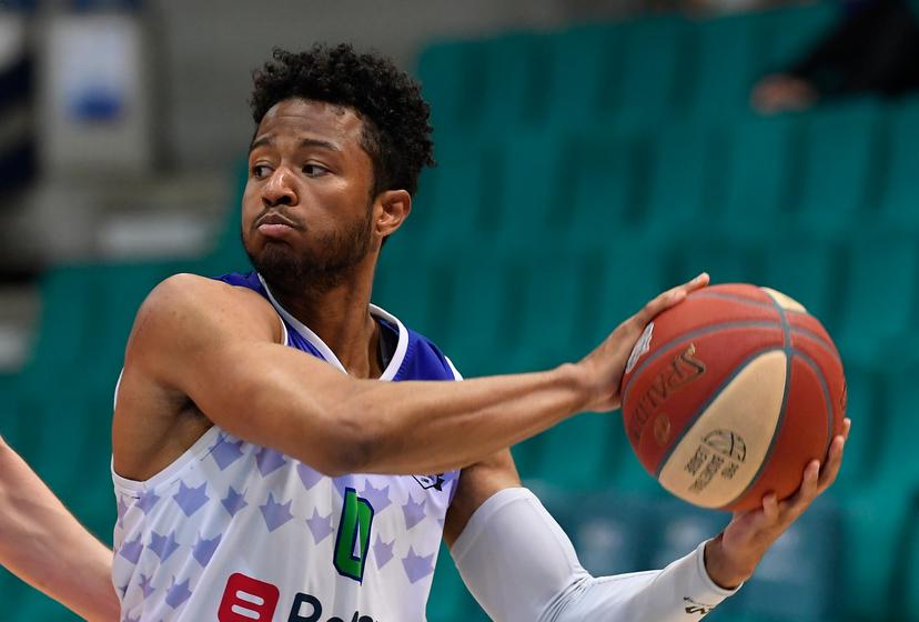 Mons' Arik Smith controls the ball during the basketball match between Mons-Hainaut and BC Oostende, Saturday 05 June 2021 in Mons, the second game (best of five) of the finals in the Playoffs of the 'EuroMillions League' Belgian first division basket championships. BELGA PHOTO JOHN THYS