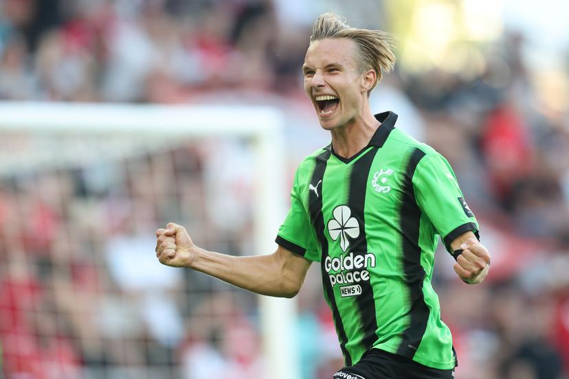 Cercle's Christiaan Ravych celebrates after scoring during a soccer match between Standard de Liege and Cercle Brugge, Saturday 8 August 2026 in Liege, on day 1 of the 2026-2027 'Jupiler Pro League' first division of the Belgian championship. BELGA PHOTO BRUNO FAHY