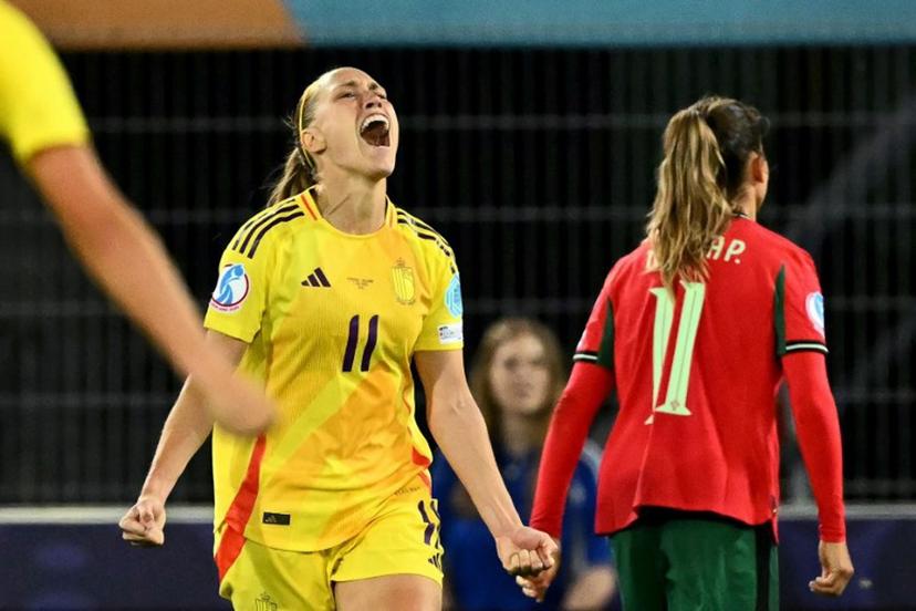 Belgium's defender #11 Janice Cayman celebrates after scoring the team's second goal during the UEFA Women's Euro 2025 Group B football match between Portugal and Belgium at the Stade de Tourbillon in Sion, on July 11, 2025.  Fabrice COFFRINI / AFP