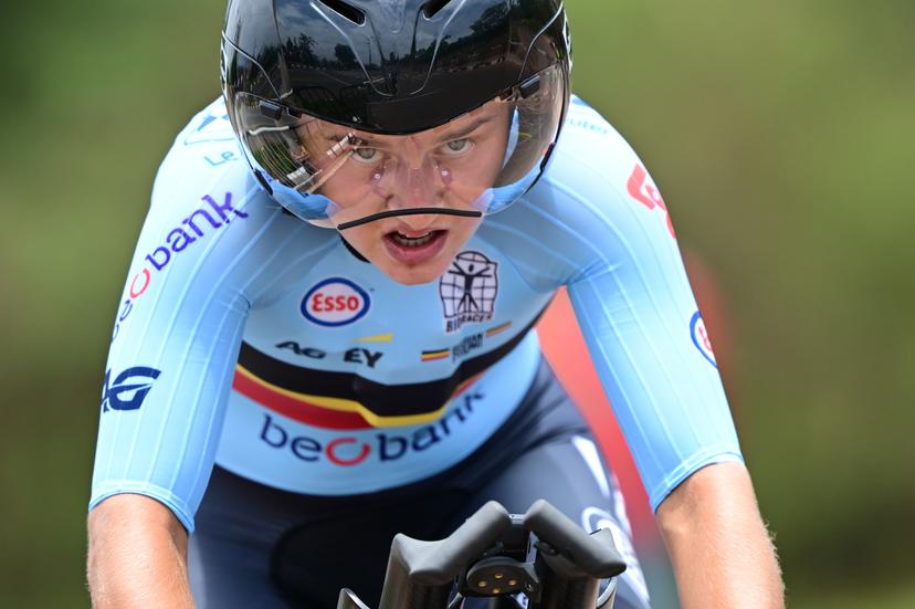 Belgian Fleur Moors pictured in action during the Women U23 Individual Time Trial race (22,6km) at the cycling road world championships, in Kigali, Rwanda, Monday 22 September 2025. The 2025 UCI Road World Championships take place from 21 to 28 September in Kigali, Rwanda. BELGA PHOTO DIRK WAEM