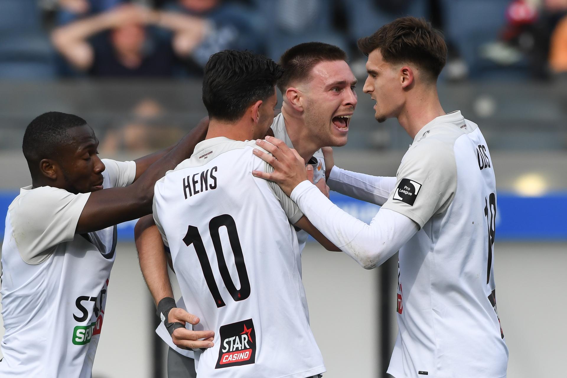 a soccer match between Oud-Heverlee Leuven and FCV Dender EH, Saturday 19 April 2025 in Leuven, on day 4 (out of 10) of the Europe Play-offs of the 2024-2025 'Jupiler Pro League' first division of the Belgian championship. BELGA PHOTO JILL DELSAUX