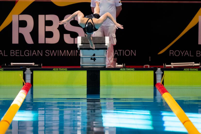 Belgian Florine Gaspard pictured in action during the women's 50m breaststroke at the Belgian Swimming Championships, Sunday 21 April 2024 in Antwerp. BELGA PHOTO KRISTOF VAN ACCOM