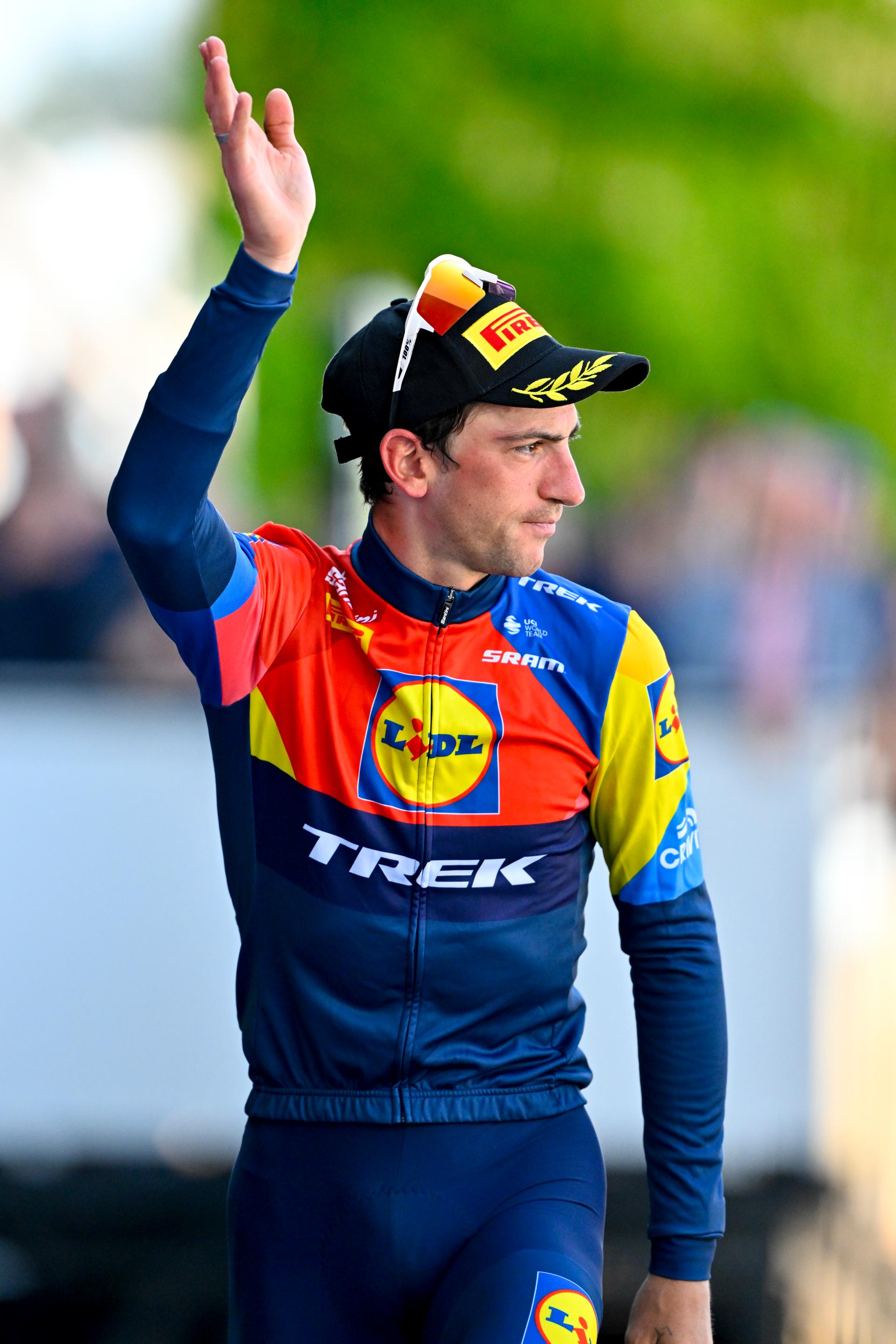 Italian Giulio Ciccone pictured on the podium after the men elite race of the Liege-Bastogne-Liege one day cycling event, 252km from Liege, over Bastogne to Liege, Sunday 27 April 2025. BELGA PHOTO ERIC LALMAND