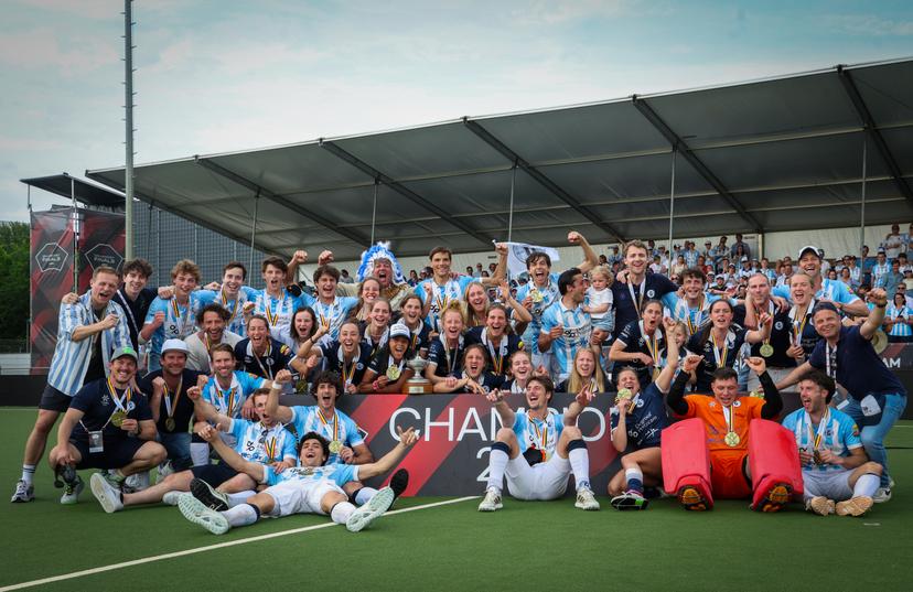 Gantoise's players celebrate after winning a hockey game between Waterloo Ducks and Gantoise, Sunday 12 May 2024 in Antwerp, the return leg of the finals of the playoffs in the Belgian Hockey League men during the 2023-2024 season. BELGA PHOTO VIRGINIE LEFOUR