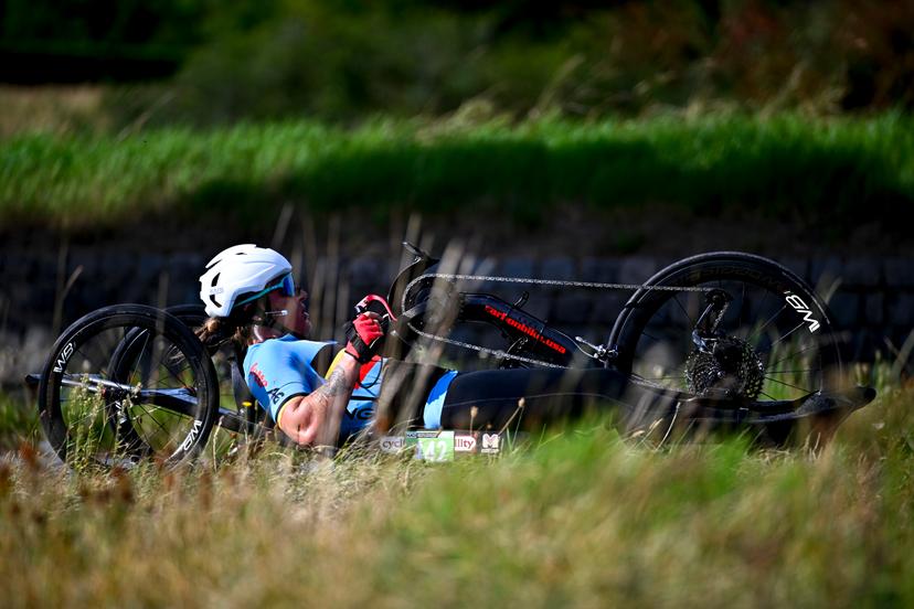 Belgium Laurence Vandevyver (WH3) pictured in action during the individual time trial at the UCI Para-cycling Road World Championships, Thursday 28 August 2025, in Ronse. The UCI Para-Cycling Road World Championships take place from 28 to 31 Augustus in Ronse. BELGA PHOTO JASPER JACOBS