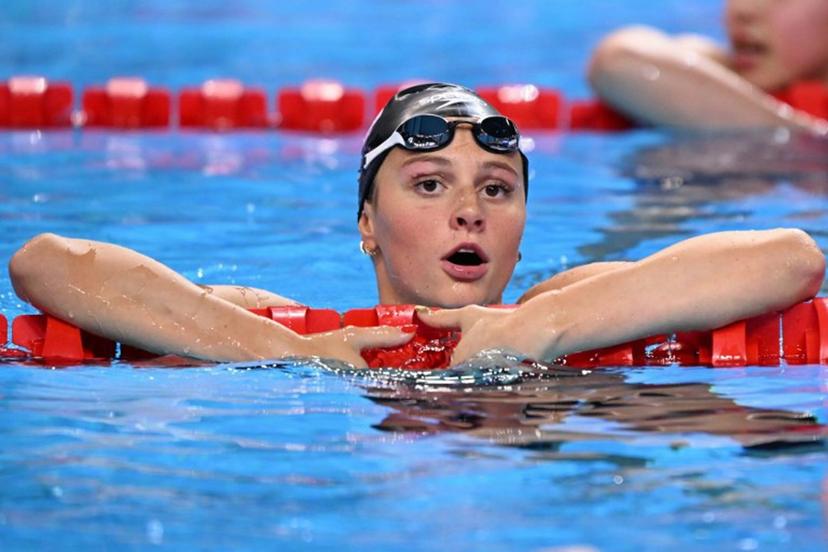 Canada's swimmer Summer Mcintosh reacts after a semi-final of the women's 200m butterfly swimming event during the 2025 World Aquatics Championships in Singapore on July 30, 2025.  Oli SCARFF / AFP