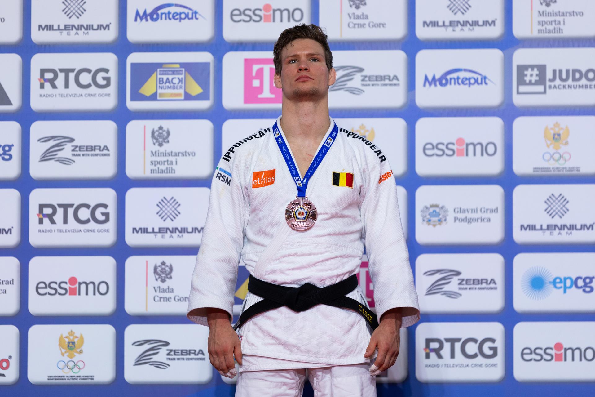 Belgian Matthias Casse , winner of the bronze medal pictured on the podium of the Men -81kg, at the European Judo Championships in Podgorica, Montenegro, on Friday 25 April 2025. The tournament is taking place from 23 tot 27 April 2025. BELGA PHOTO NIKOLA KRISTC