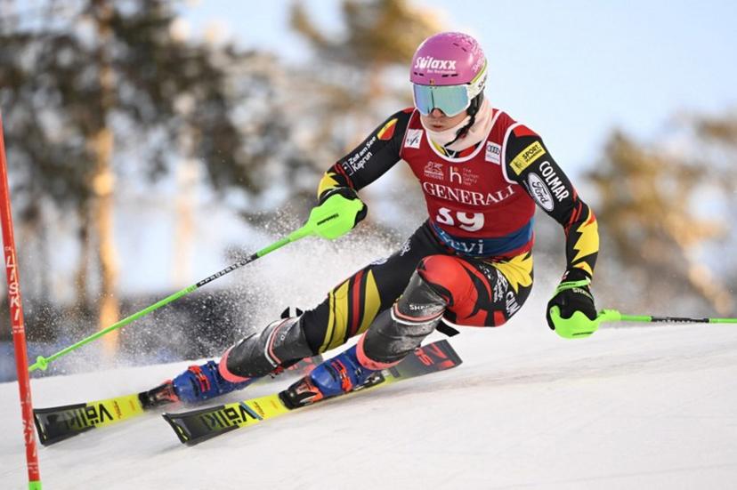 Belgium's Sam Maes competes during the first run of the men's slalom event of the FIS Alpine Skiing World Cup at the Levi Ski Centre in Kittila, Finland on November 16, 2025.  Roni Rekomaa / Lehtikuva / AFP