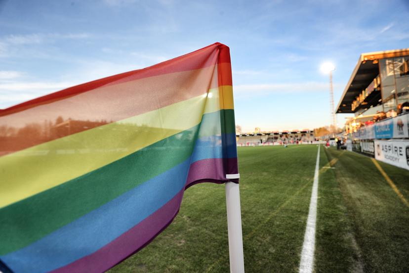 Illustration picture shows the corner flag in rainbow colours, at a soccer match between KAS Eupen and SV Zulte Waregem, Saturday 23 February 2019 in Eupen, on day 27th of the 'Jupiler Pro League' Belgian soccer championship season 2018-2019. BELGA PHOTO BRUNO FAHY
