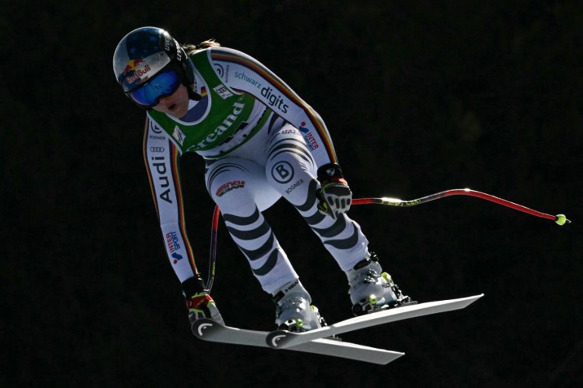Germany's Emma Aicher competes in the women's downhill race, part of the FIS Alpine Ski World Cup 2025-2026 in Soldeu, Andorra on February 26, 2026.  Lionel BONAVENTURE / AFP