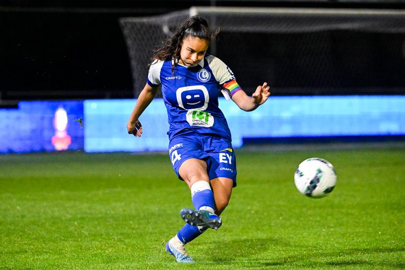 Kaa Gent Ladies's Nia Elyn pictured in action during a soccer game between KAA Gent Ladies and Standard Femina, Friday 17 May 2024 at the Chillax Arena in Gent, on day 9 of the play-off group A of the Super League women's competition. BELGA PHOTO TOM GOYVAERTS