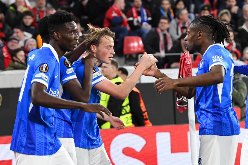 Genk's Matte Smets celebrates after scoring during a soccer game between German Sport-Club Freiburg and Belgian KRC Genk in Freiburg im Breisgau, Germany on Thursday 19 March 2026, the return leg of the 1/16 Finals of the UEFA Europa League tournament. Genk won the first leg 1-0. BELGA PHOTO JILL DELSAUX