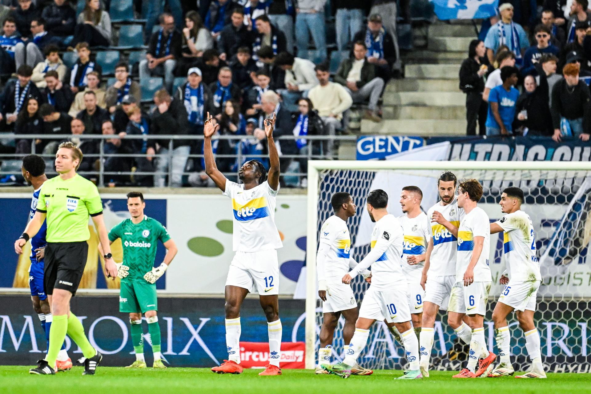 Union's Promise David celebrates after scoring during a soccer match between KAA Gent and Royale Union Saint-Gilloise, Saturday 05 April 2025 in Gent, on day 2 (out of 10) of the Champions' Play-offs of the 2024-2025 'Jupiler Pro League' first division of the Belgian championship. BELGA PHOTO TOM GOYVAERTS