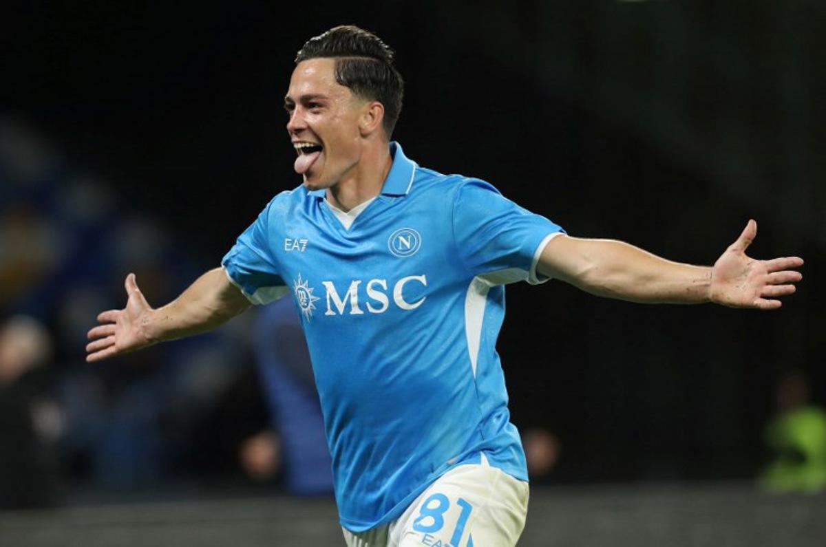 Napoli's Italian forward #81 Giacomo Raspadori celebrates after scoring a goal during the Italian Serie A football match between SSC Napoli and Genoa CFC at the Diego Armando Maradona Stadium in Naples on May 11, 2025.  CARLO HERMANN / AFP