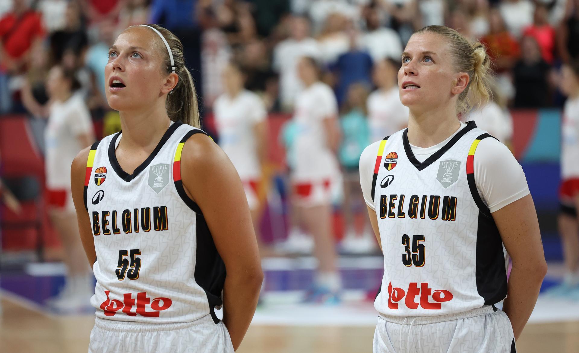 Belgium's Julie Allemand and Belgium's Julie Vanloo pictured at the start of the third game and the last in the group stage (group C) between Belgian national women team 'the Belgian Cats' and Czech Republic national team, in Brno, Czech Republlic, on Sunday 22 June 2025, at the FIBA Women's EuroBasket 2025. BELGA PHOTO VIRGINIE LEFOUR