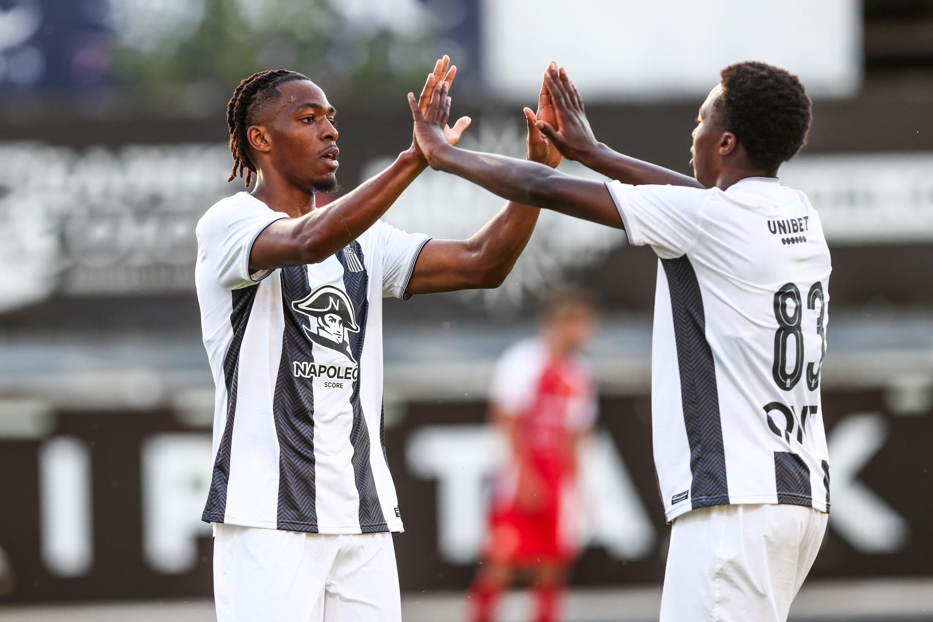 Charleroi's Youssuf Sylla celebrates after scoring during a friendly game between Division 1 ACFF team RAEC Mons and 1st division team Sporting Charleroi, Friday 27 June 2025 in Mons, in preparation of the upcoming 2025-2026 season. BELGA PHOTO BRUNO FAHY