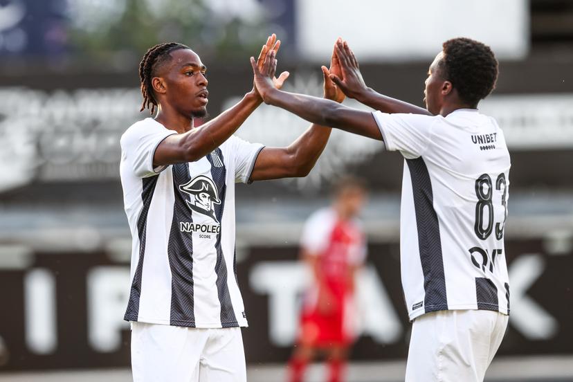 Charleroi's Youssuf Sylla celebrates after scoring during a friendly game between Division 1 ACFF team RAEC Mons and 1st division team Sporting Charleroi, Friday 27 June 2025 in Mons, in preparation of the upcoming 2025-2026 season. BELGA PHOTO BRUNO FAHY