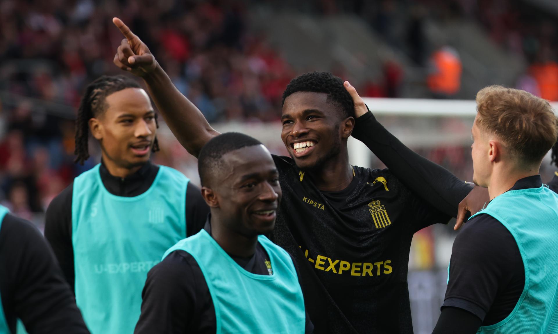 Charleroi's Check Keita celebrates after scoring during a soccer match between Royal Antwerp FC and Sporting Charleroi, Thursday 29 May 2025 in Antwerp, on the last day of the Europe' Play-offs of the 2024-2025 'Jupiler Pro League' first division of the Belgian championship. BELGA PHOTO VIRGINIE LEFOUR