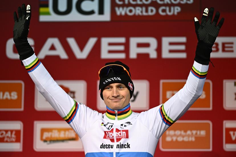 Dutch Mathieu Van Der Poel and pictured on the podium after winning the men's elite race of the World Cup cyclocross cycling event in Gavere on Friday 26 December 2025, stage 7 (out of 12) of the UCI World Cup competition. BELGA PHOTO JASPER JACOBS