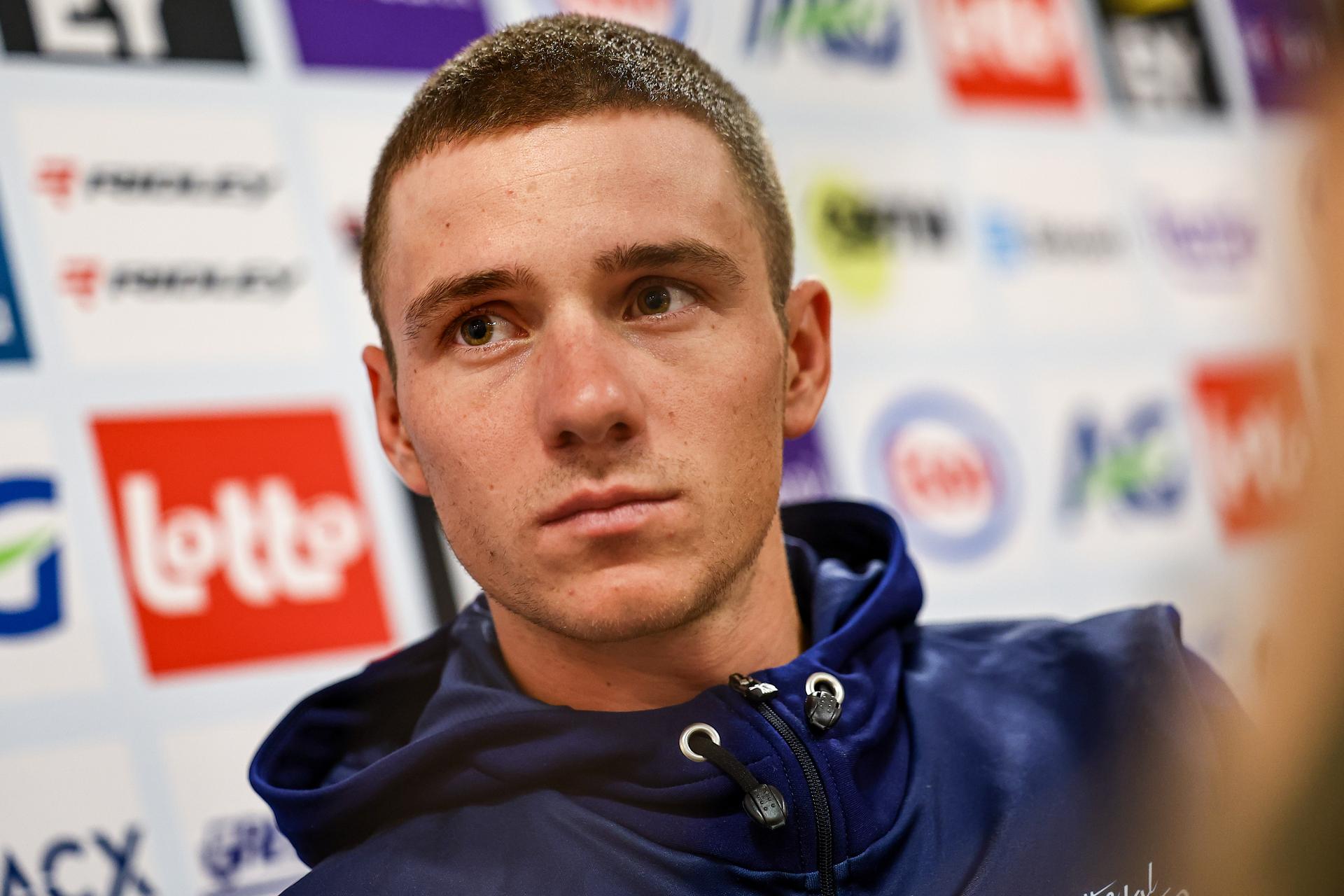 Belgian Remco Evenepoel pictured during a press conference at the UEC road European cycling championships, in Loriol-sur-Drome, France on Friday 03 October 2025. The European cycling championships Drome-Ardeche takes place from 1 to 5 October, France. BELGA PHOTO DAVID PINTENS
