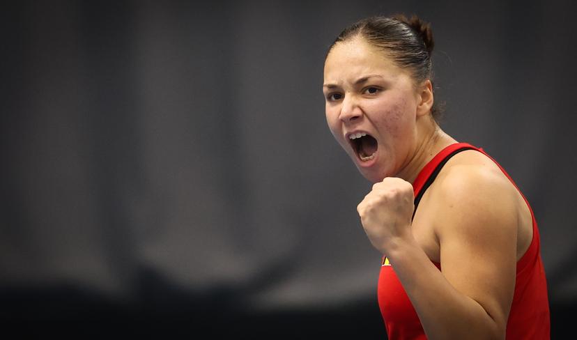 Belgian Sofia Costoulas celebrates during a tennis match between Belgian Costoulas and Hungarian Toth, in the meeting between Belgium and Hungary in the pool phase of the Europe/Africa Group I of the Billie Jean King Cup tennis, in Vilnius, Lithuania on Wednesday 09 April 2025. PHOTO VIRGINIE LEFOUR PHOTO VIRGINIE LEFOUR