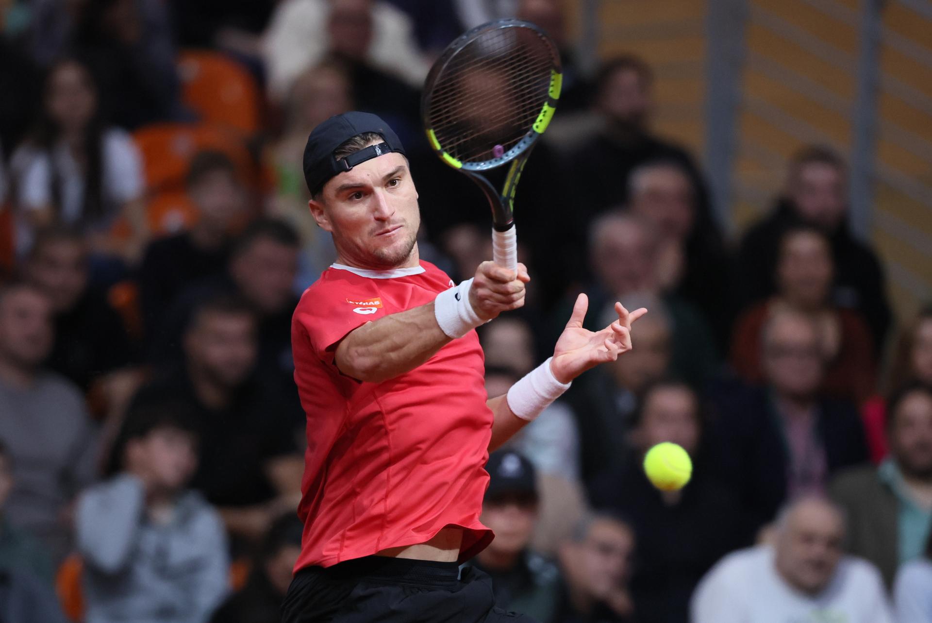 Belgian Raphael Collignon pictured in action during a tennis match against Bulgarian Vasilev, during the qualifier of the Davis Cup on Saturday 07 February 2026, in Plovdiv, Bulgaria. Belgium will compete this weekend in the Davis Cup qualifiers against Bulgaria. BELGA PHOTO BENOIT DOPPAGNE