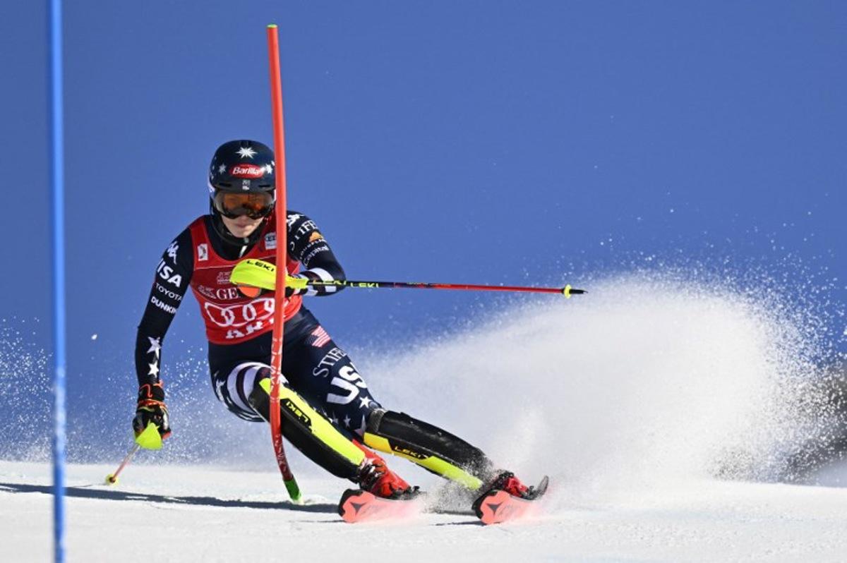 US' Mikaela Shiffrin competes in the first run of the Women's Slalom race during the FIS Ski World Cup event in Are, Sweden, on March 15, 2026.  Pontus LUNDAHL / TT News Agency / AFP