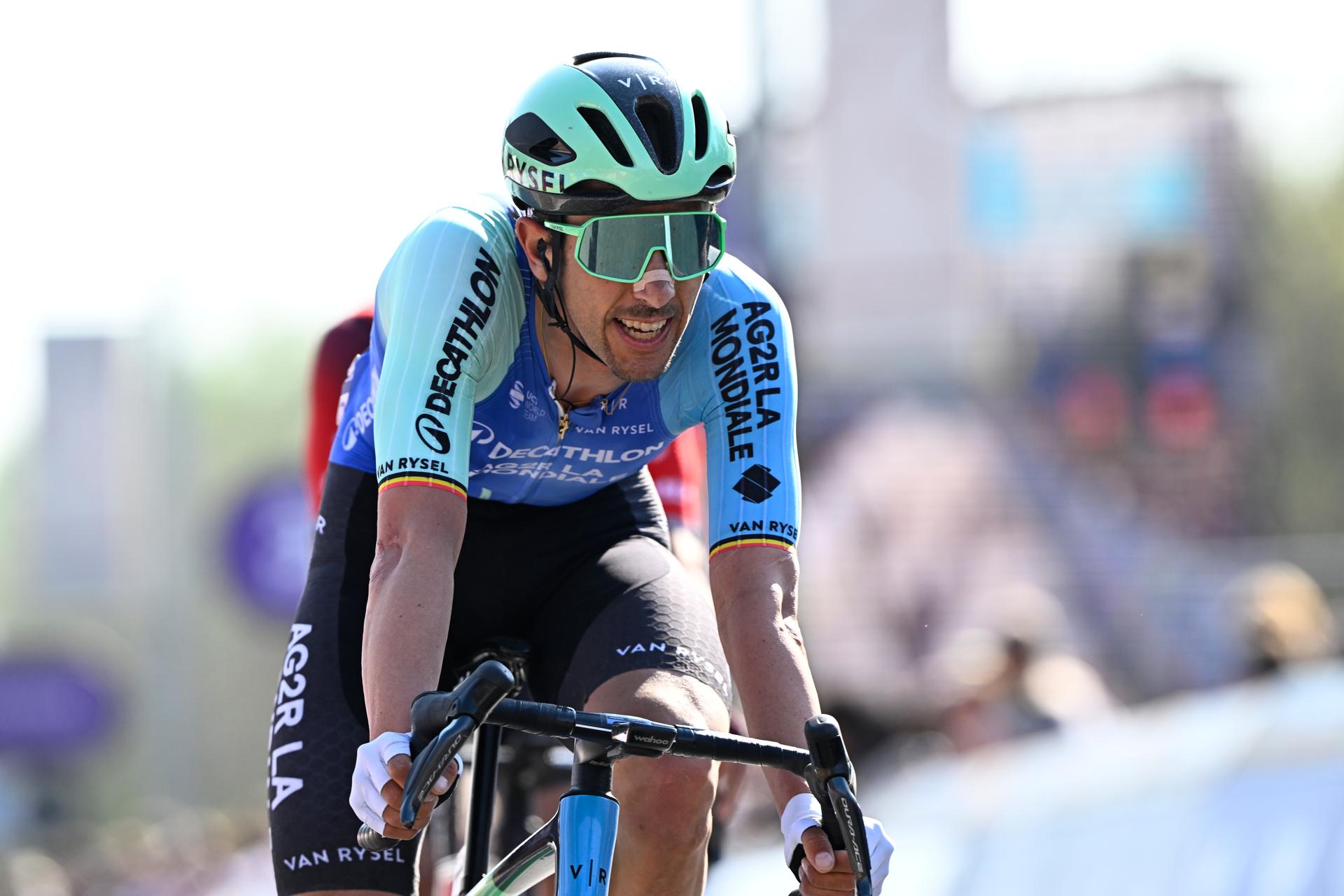 Belgian Dries De Bondt of Decathlon AG2R La Mondiale Team crosses the finish line of the men elite race of the 'Dwars Door Vlaanderen' cycling event, 184,2km from Roeselare to Waregem, Wednesday 02 April 2025. BELGA PHOTO JASPER JACOBS